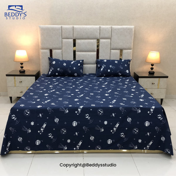 Blue Space - GLOW IN THE DARK Printed Kids Bed Sheet Set