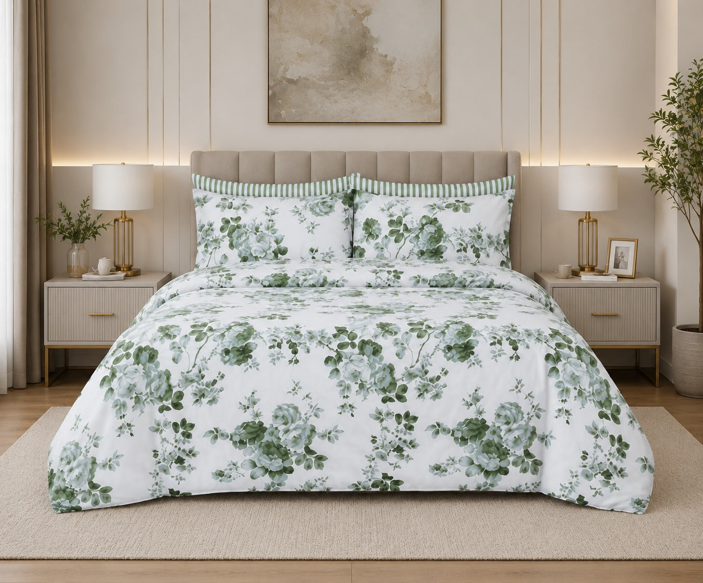 Sage Green Floral Percale Cotton Bed Sheet Set