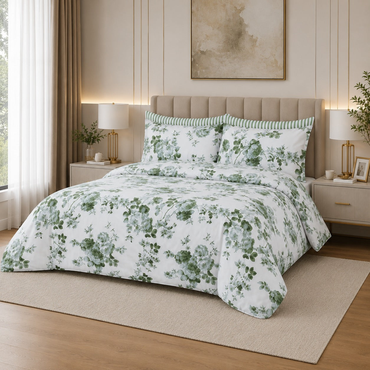 Sage Green Floral Percale Cotton Bed Sheet Set