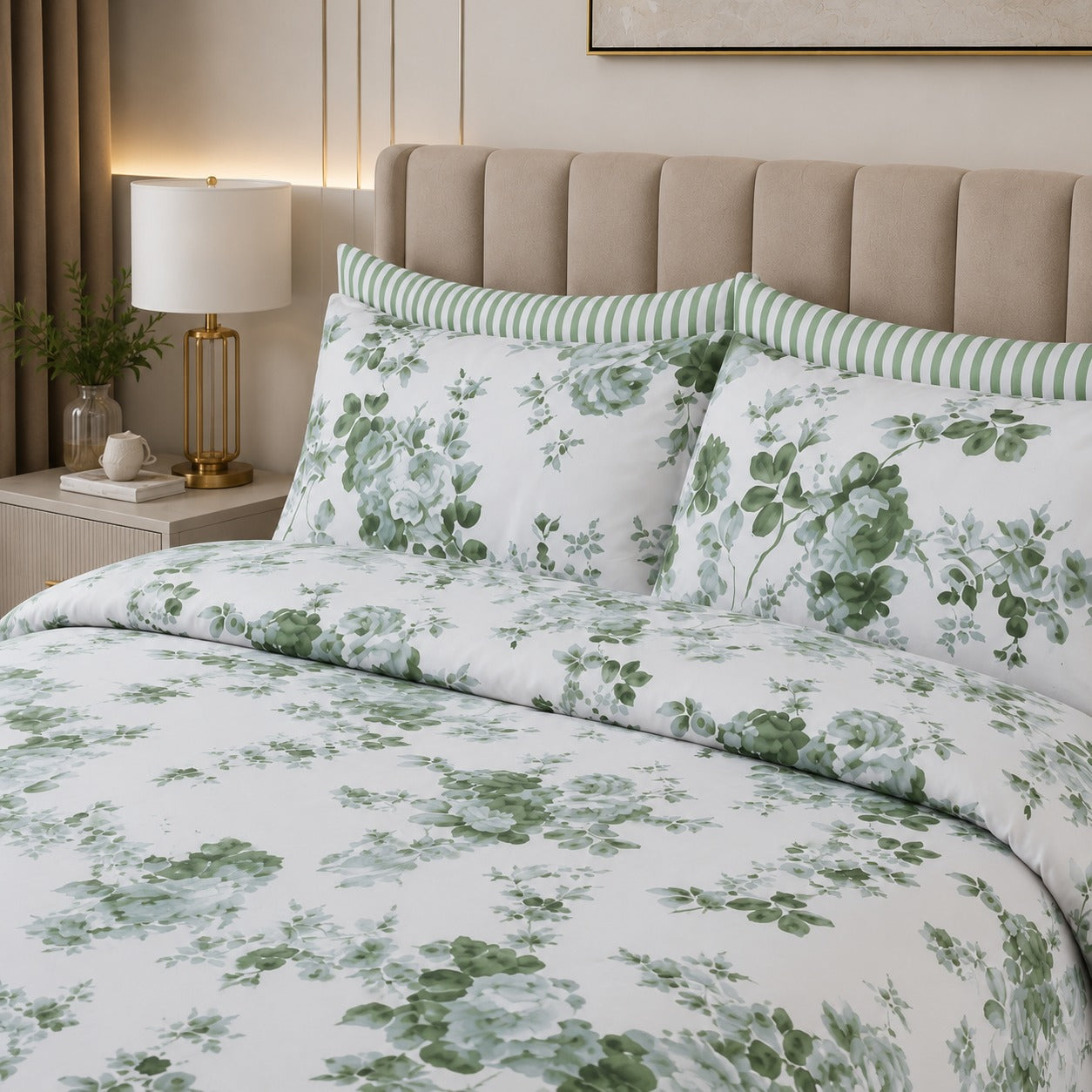 Sage Green Floral Percale Cotton Bed Sheet Set