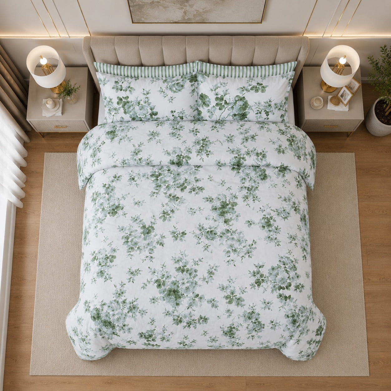 Sage Green Floral Percale Cotton Bed Sheet Set