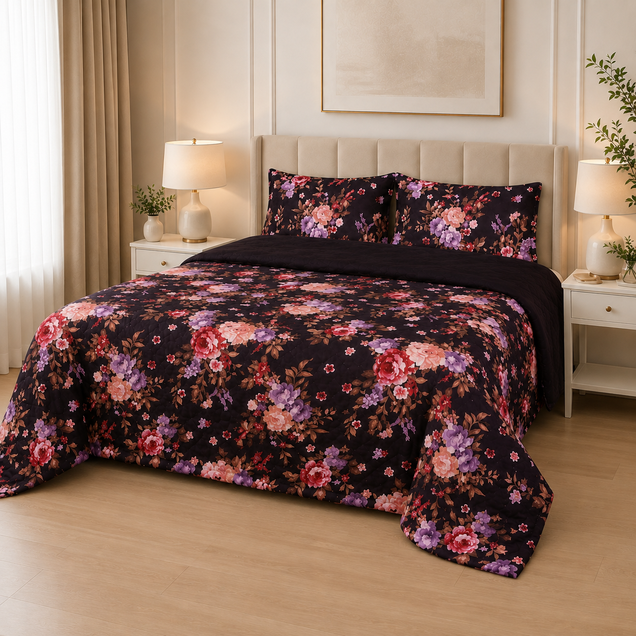 Deep Plum & Peach Vintage Rose Cotton Sateen Bed Sheet Set