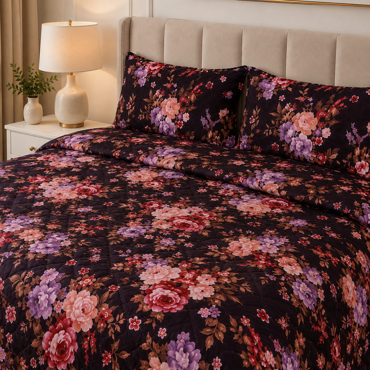 Deep Plum & Peach Vintage Rose Cotton Sateen Bed Sheet Set