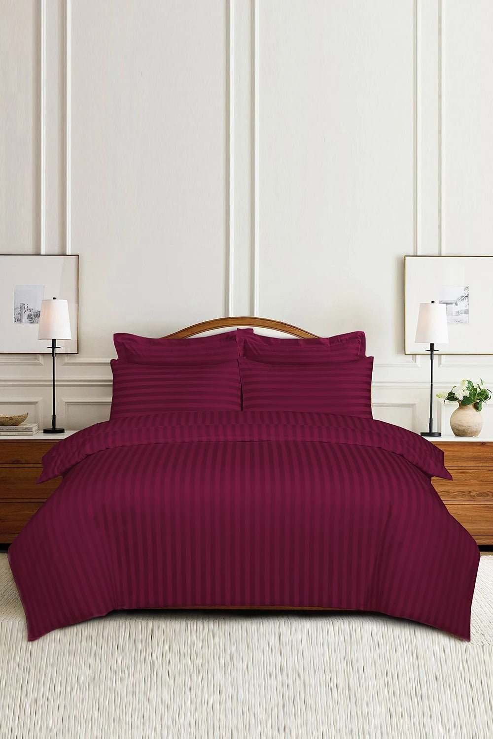 Deep Cherry Red Hotel Stripe Duvet Cover Set
