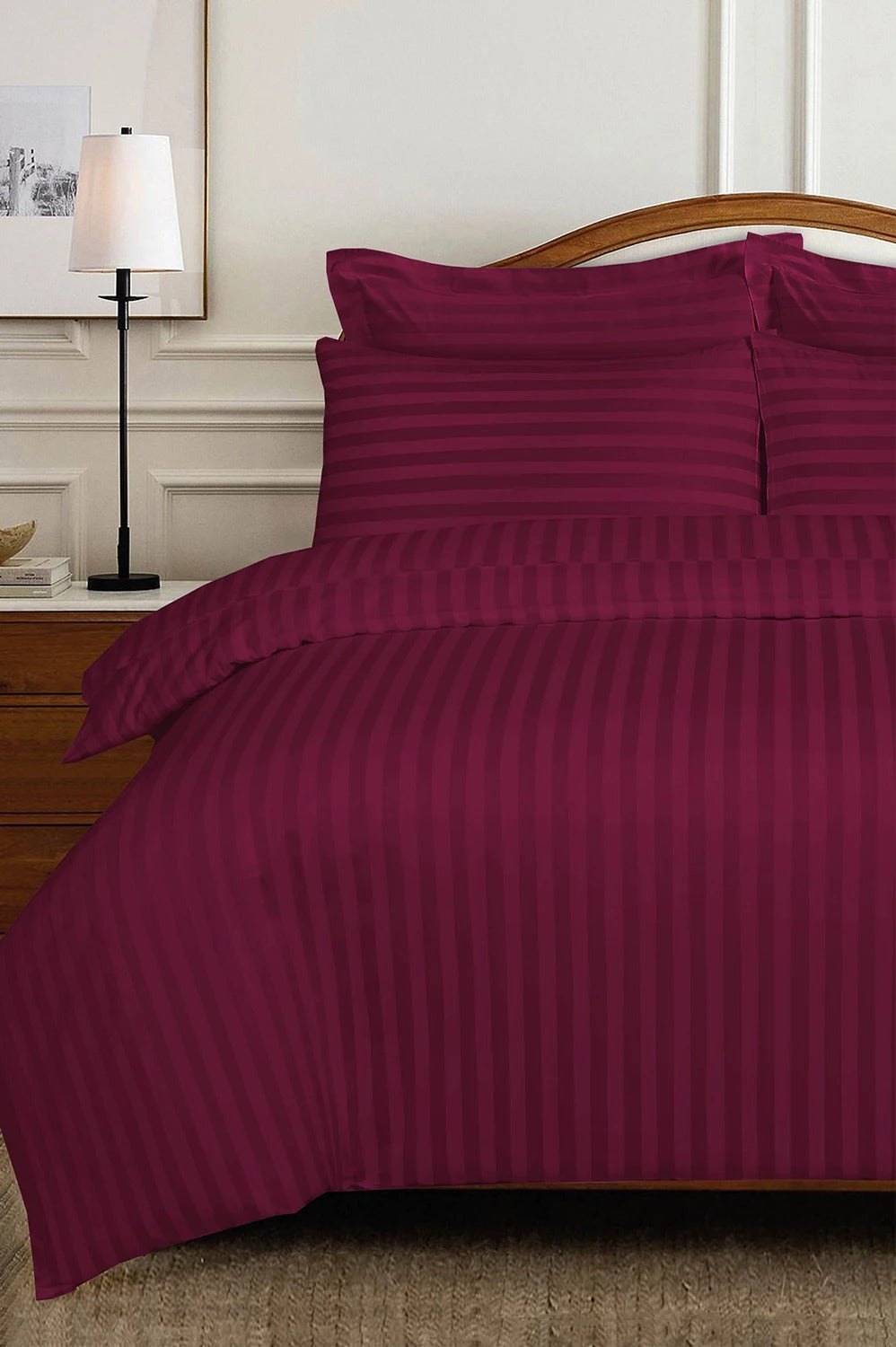 Deep Cherry Red Hotel Stripe Duvet Cover Set