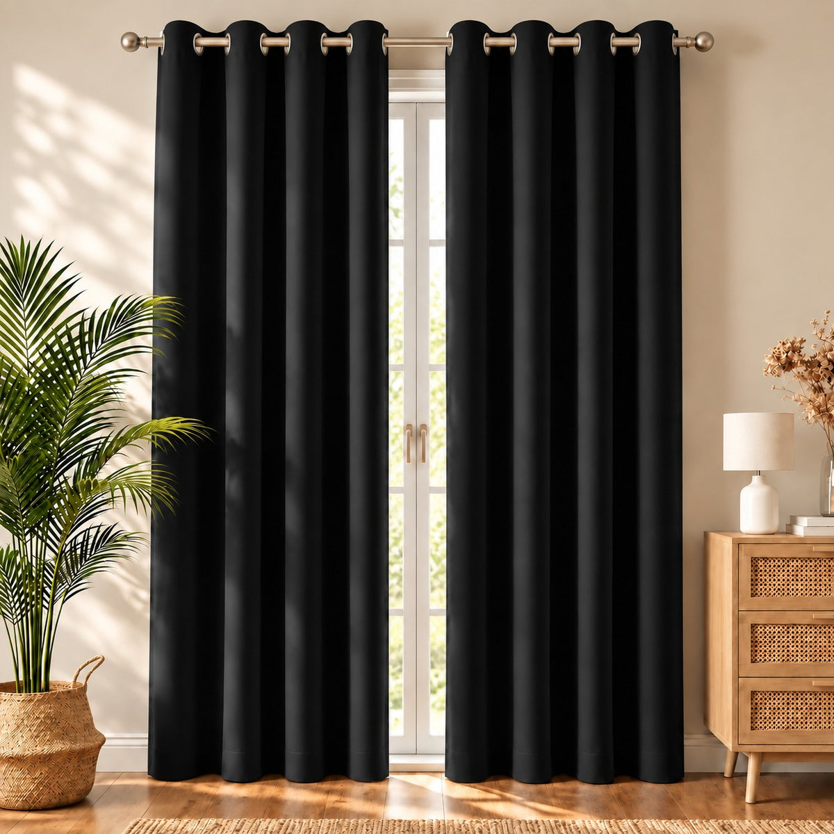 Set Of 2 Plain Black  Window Curtains Panels