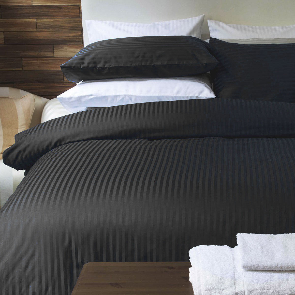 Luxury Charcoal Black Hotel Stripe Bedsheet Set