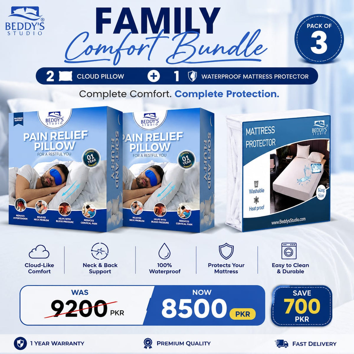 Family Comfort Bundle Included 2 Cloud pillows + 1 Mattress protector