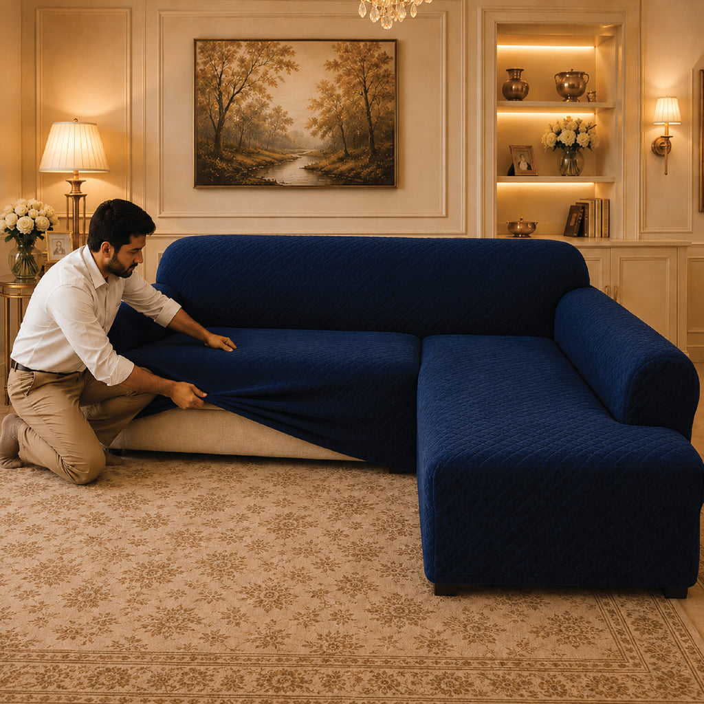 Butterfly L Shape Fitted Sofa Cover - Blue