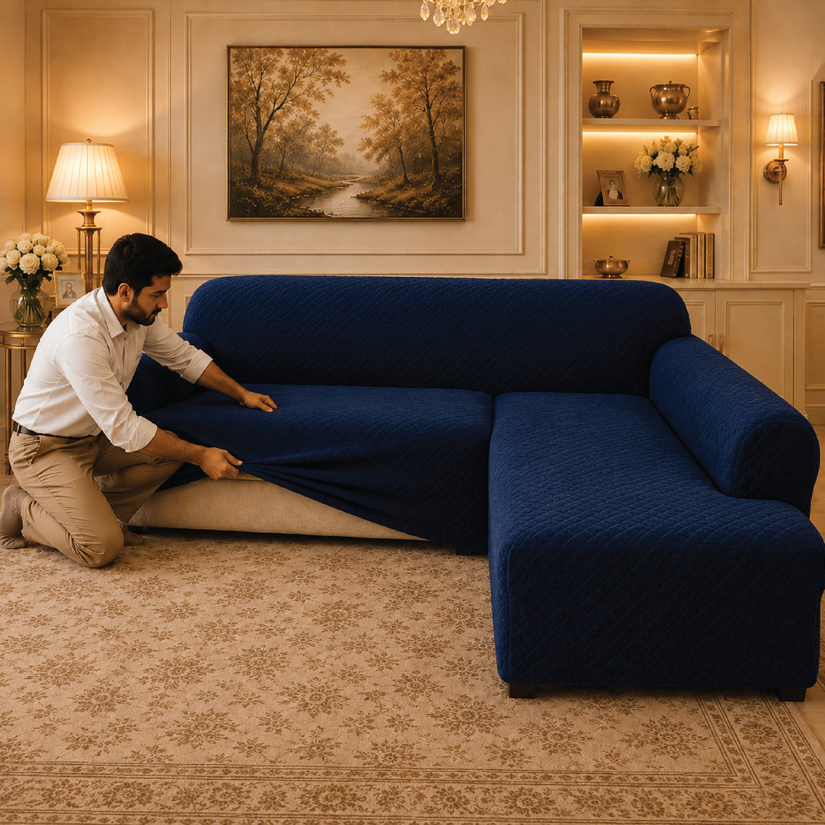 Butterfly L Shape Fitted Sofa Cover - Blue