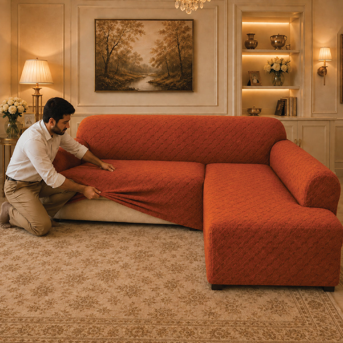 Butterfly L Shape Fitted Sofa Cover - Copper