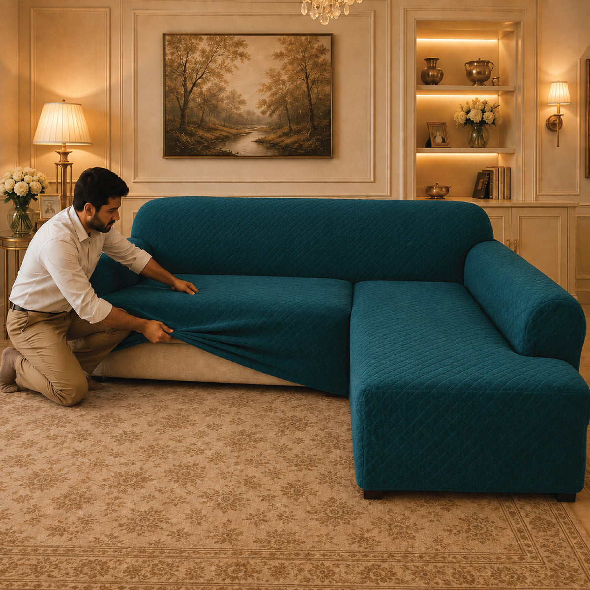 Butterfly L Shape Fitted Sofa Cover - Zink