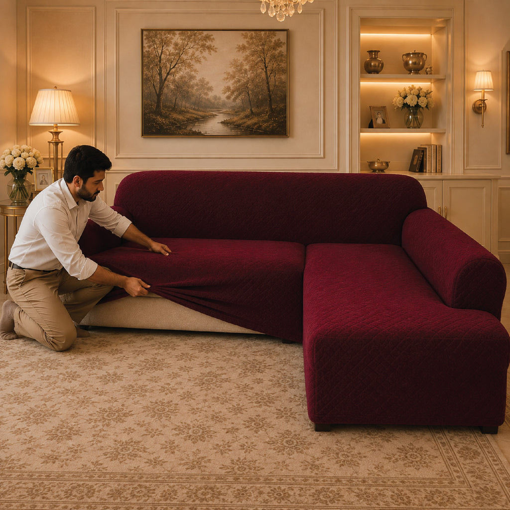 Butterfly L Shape Fitted Sofa Cover - Maroon