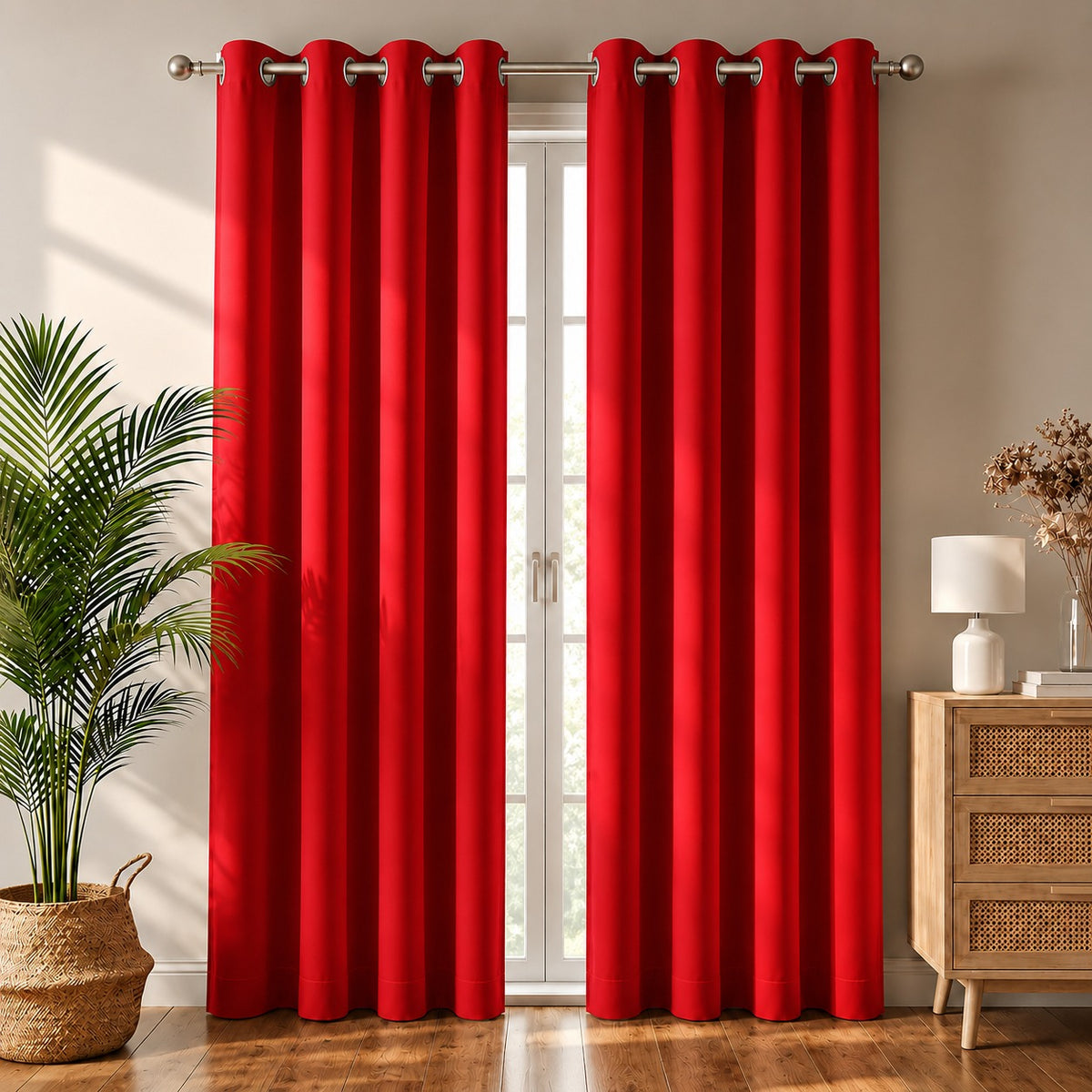 Set Of 2 Plain Red Window Curtains Panels