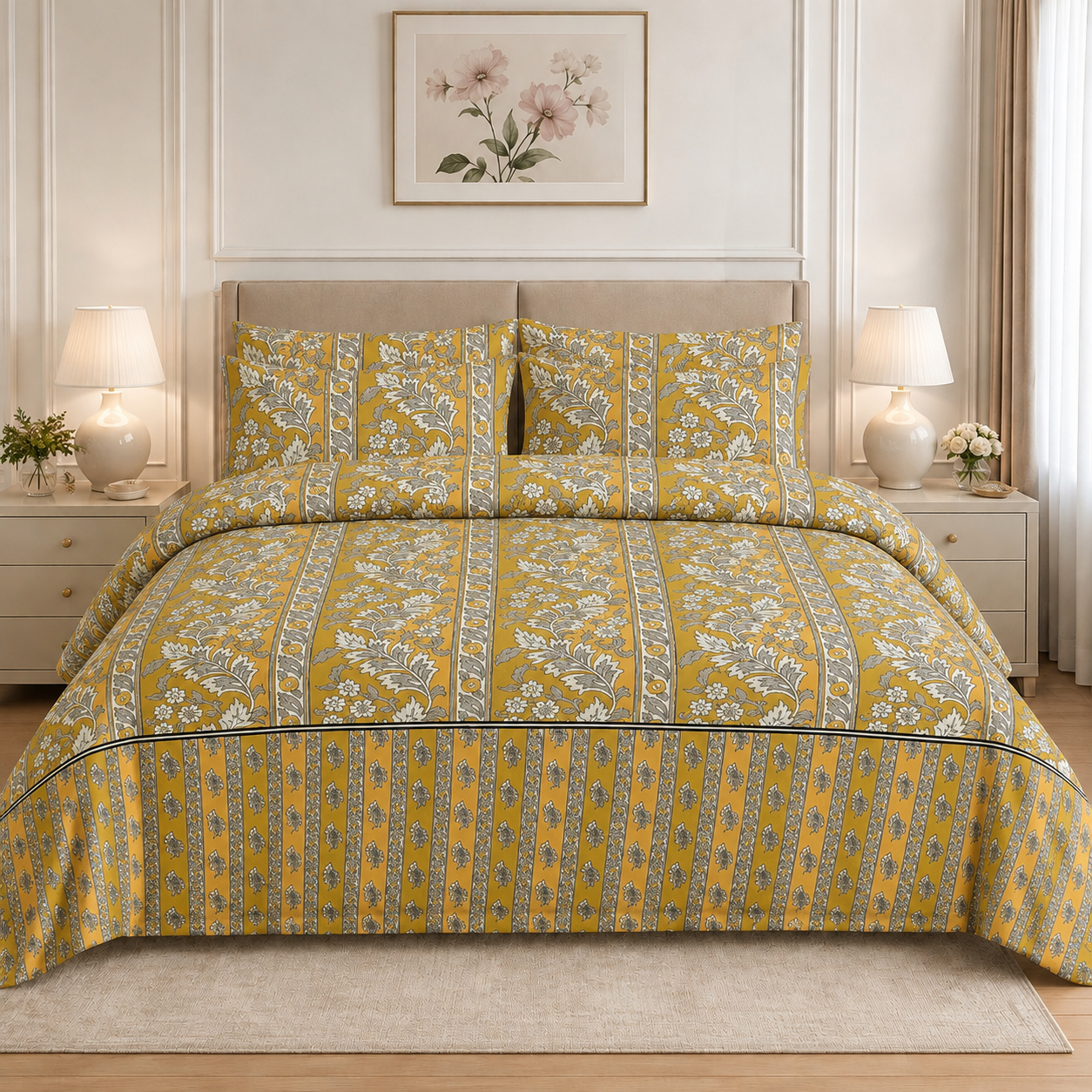 Slate Blue Traditional Motif Cotton Printed Bed Sheet Set