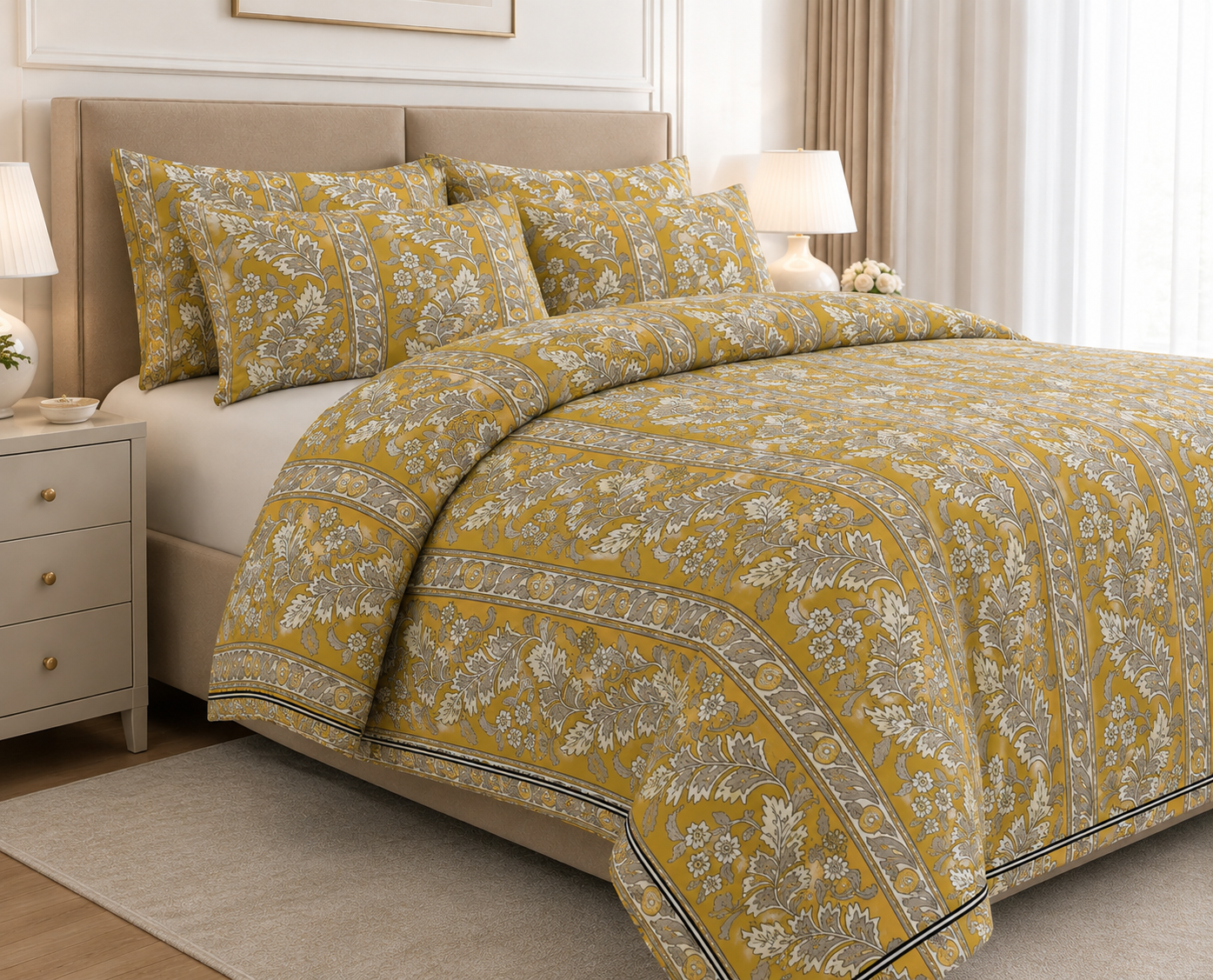 Slate Blue Traditional Motif Cotton Printed Bed Sheet Set
