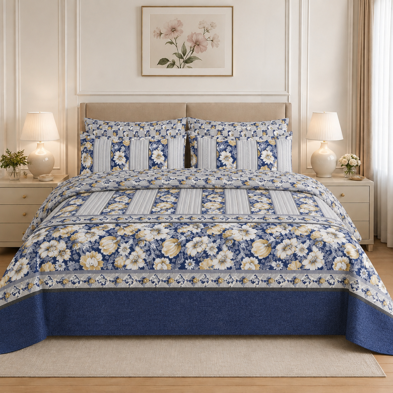 Muted Taupe & Sage Botanical Vine Cotton Printed Bed Sheet Set