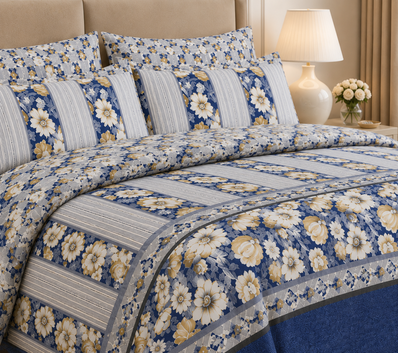 Muted Taupe & Sage Botanical Vine Cotton Printed Bed Sheet Set