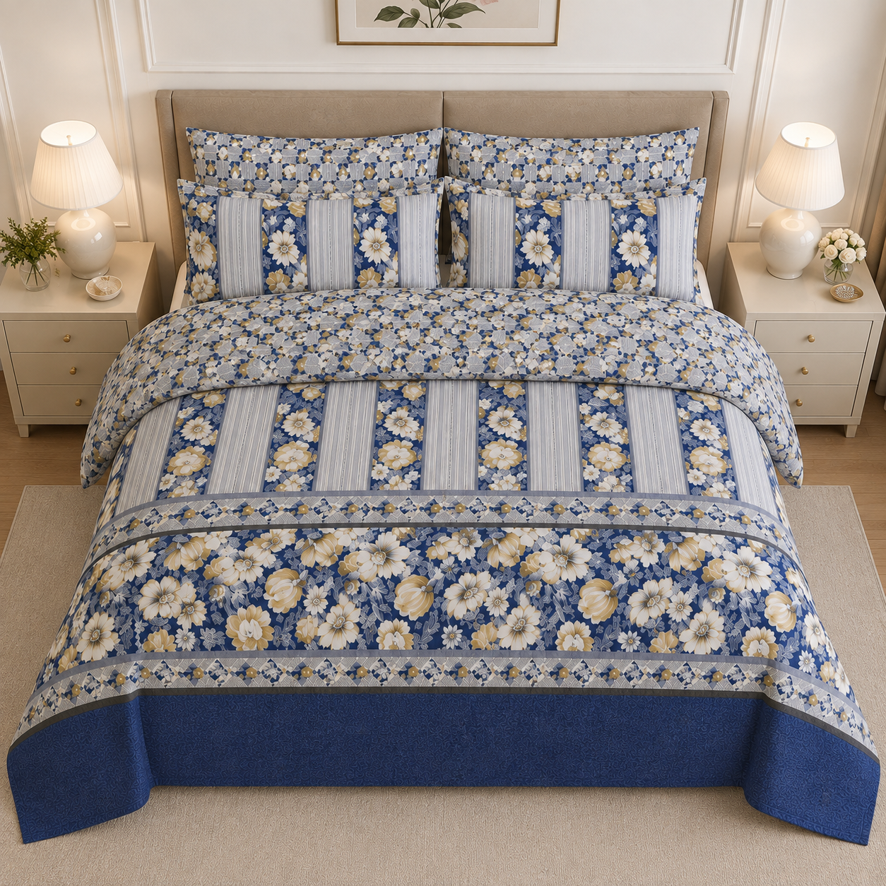 Muted Taupe & Sage Botanical Vine Cotton Printed Bed Sheet Set