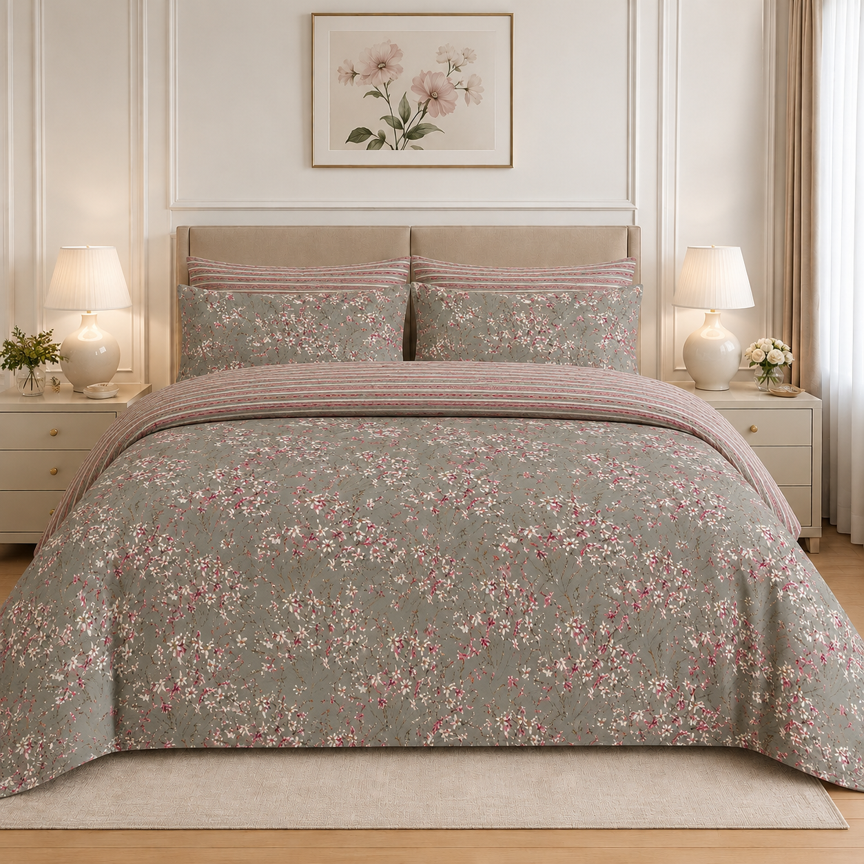 Deep Teal & Coral Wildflower Cotton Printed Bed Sheet Set