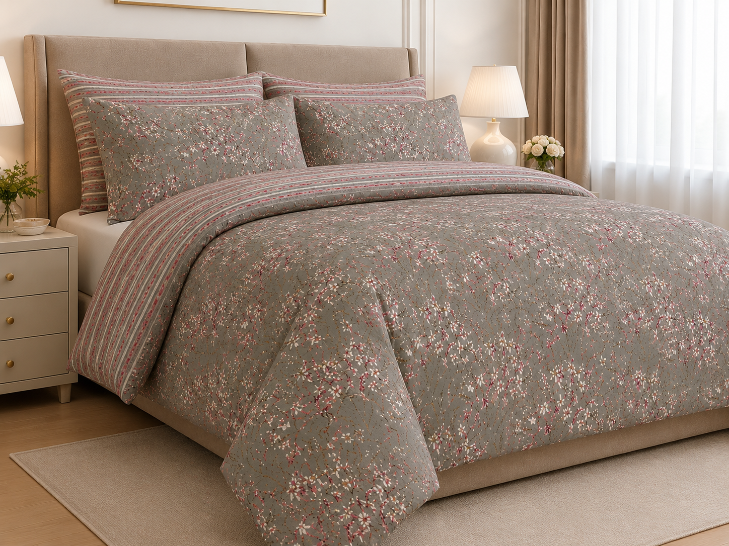Deep Teal & Coral Wildflower Cotton Printed Bed Sheet Set