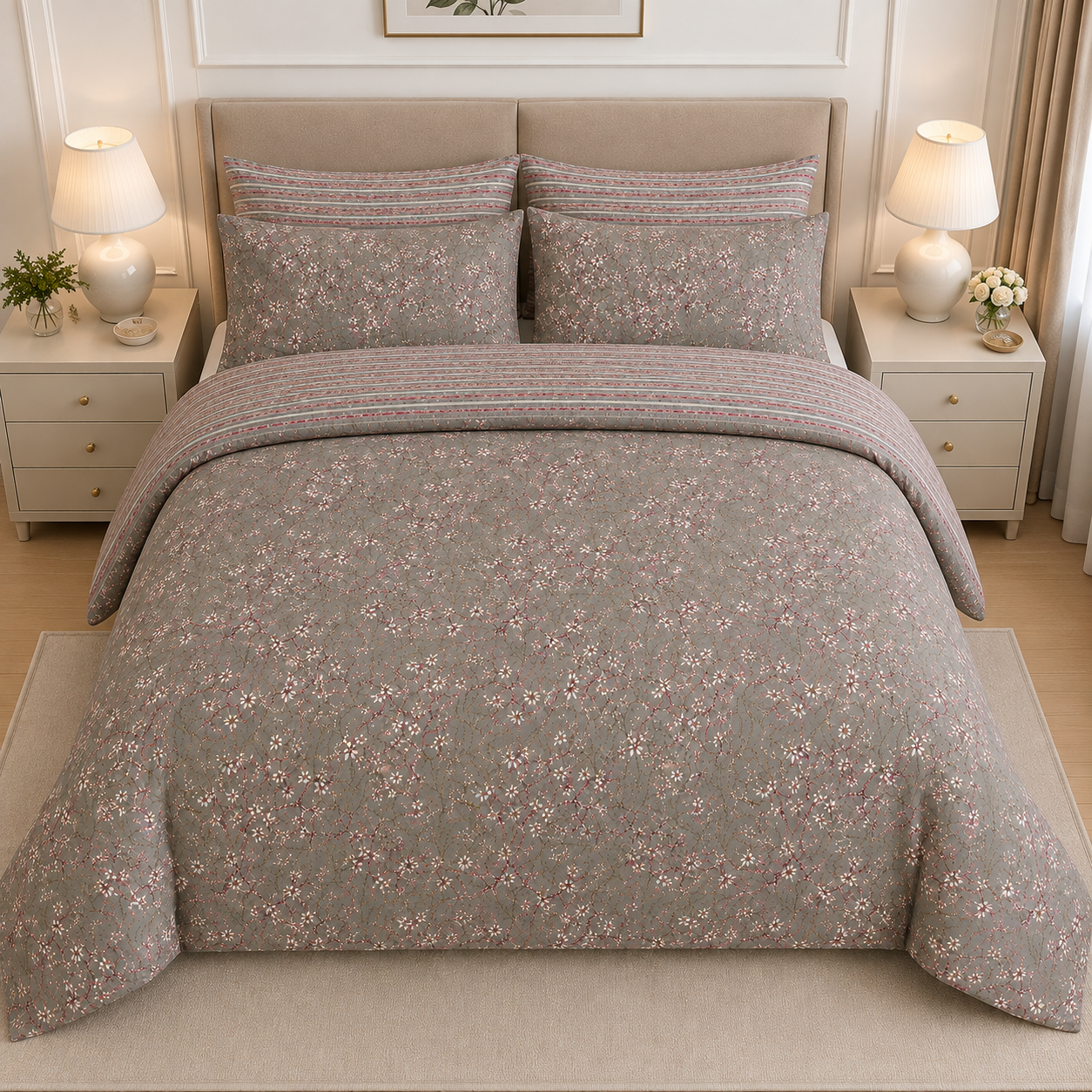 Deep Teal & Coral Wildflower Cotton Printed Bed Sheet Set