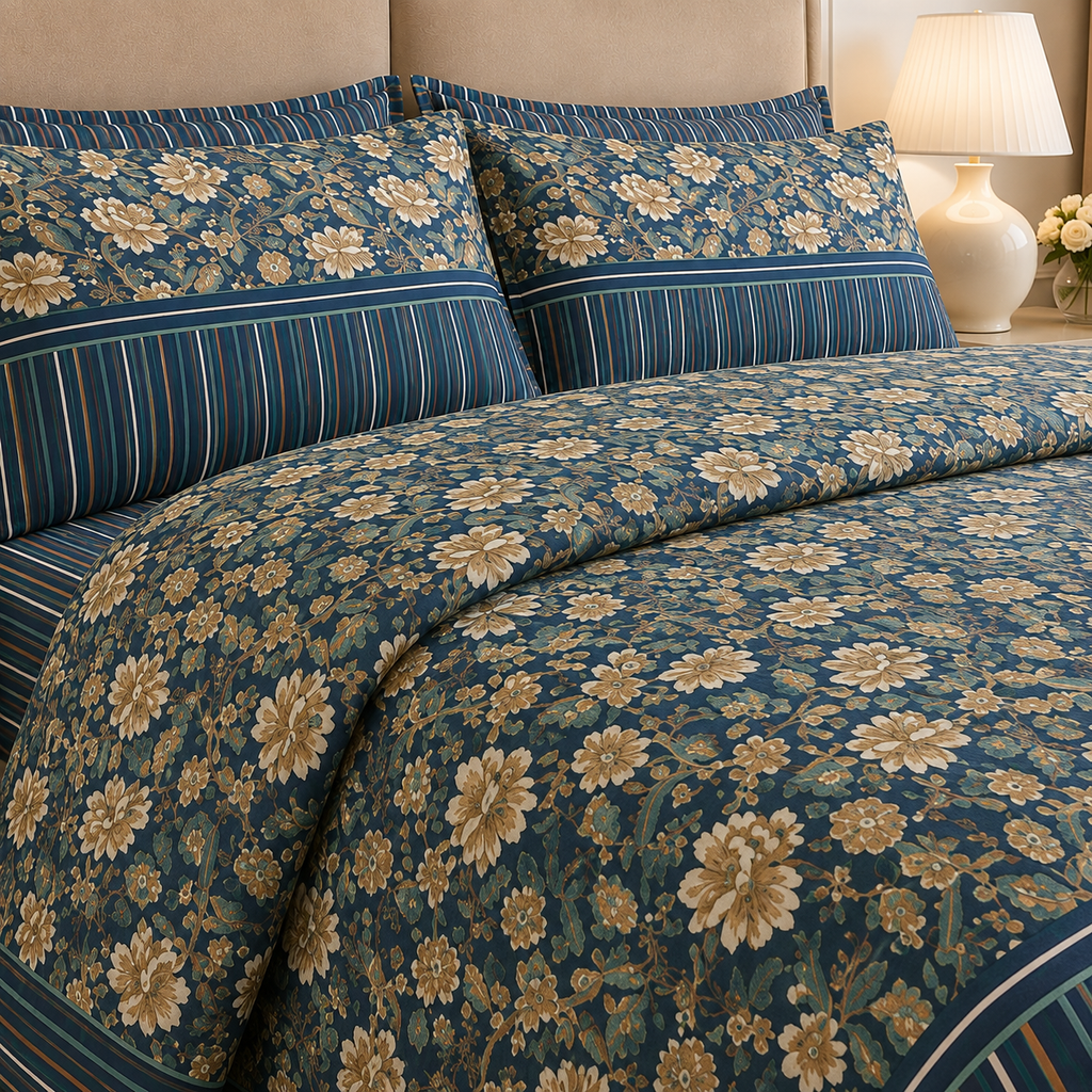 Neon Teal Floral Cotton Printed Bed Sheet Set