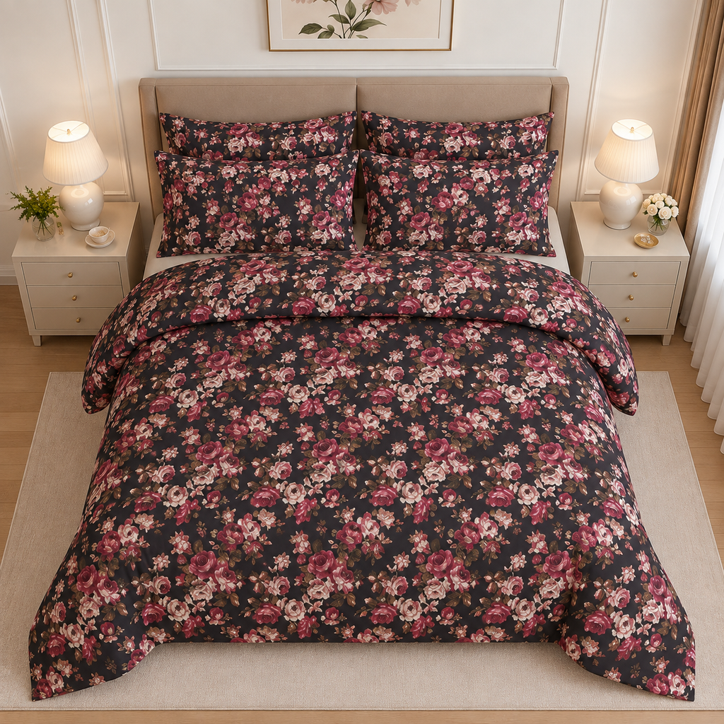 Deep Teal & Coral Wildflower Cotton Printed Bed Sheet Set