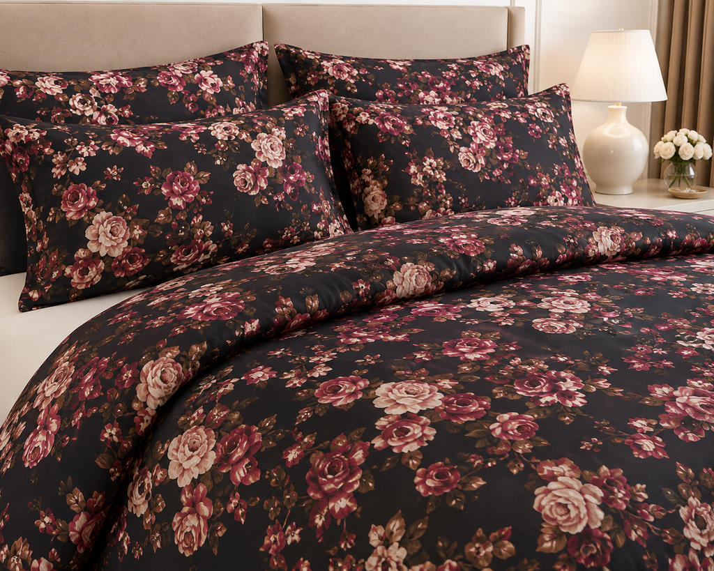 Deep Teal & Coral Wildflower Cotton Printed Bed Sheet Set