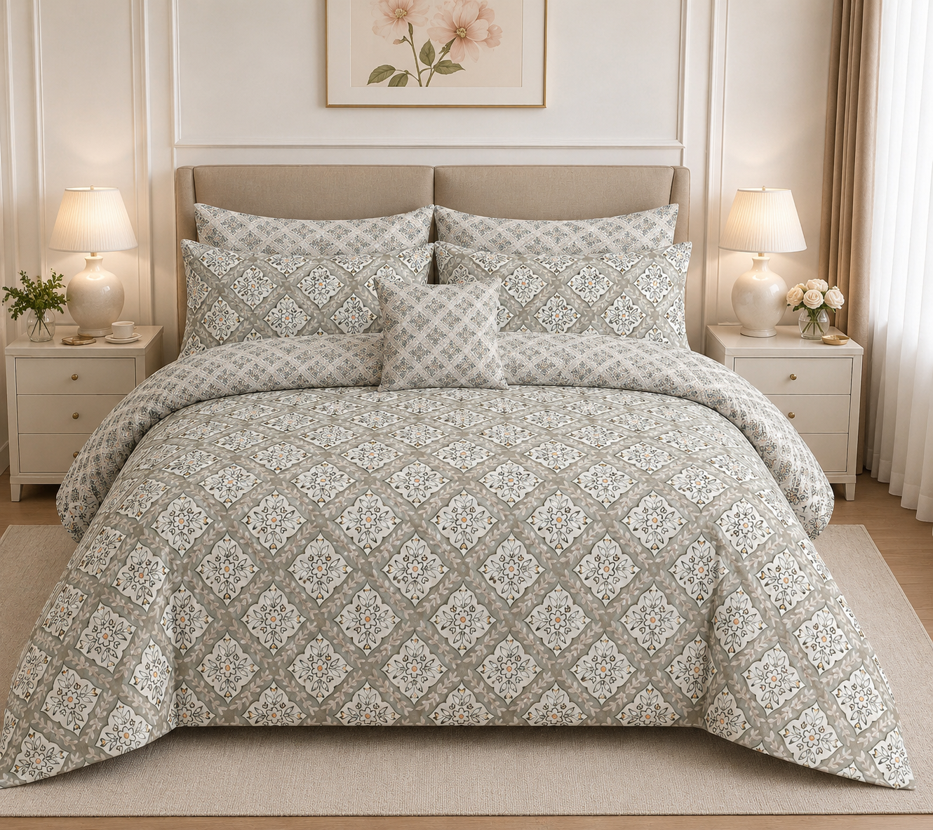 Soft Sage Botanical Floral Cotton Printed Quilt Cover Set