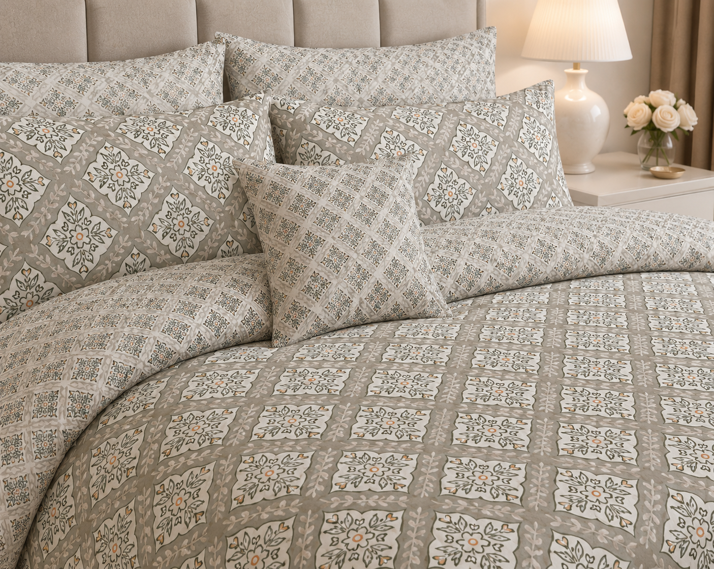 Soft Sage Botanical Floral Cotton Printed Quilt Cover Set