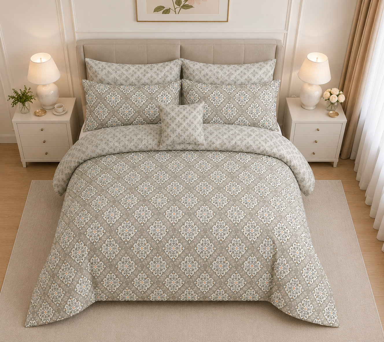 Soft Sage Botanical Floral Cotton Printed Quilt Cover Set