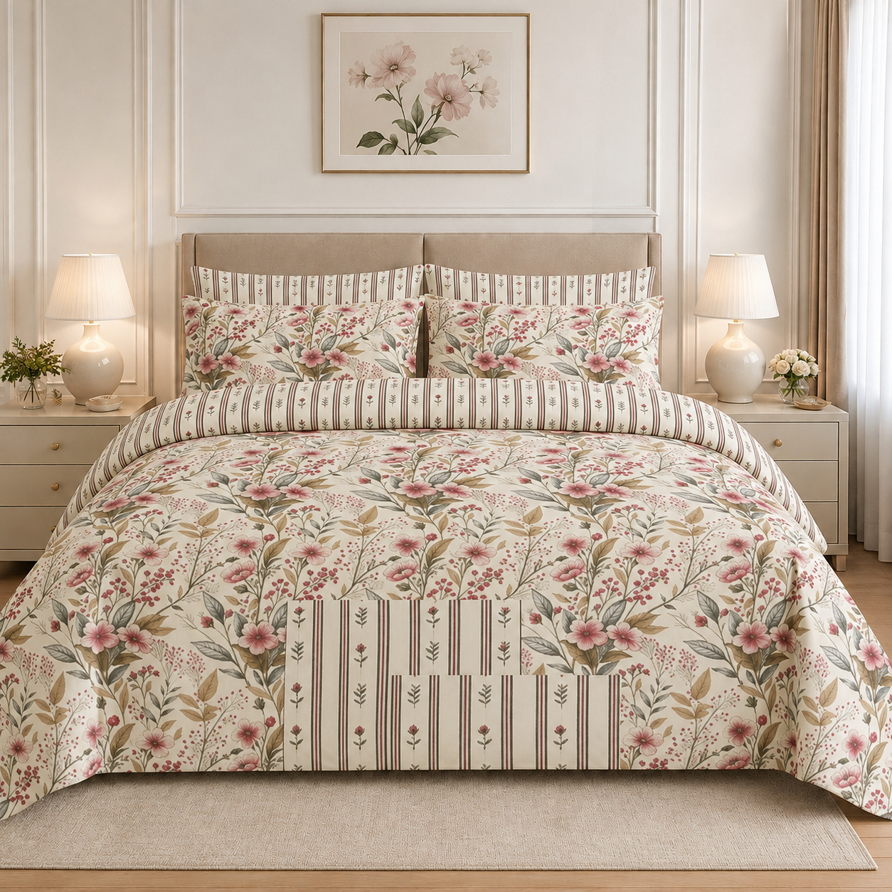 Pastel Lime Floral Cotton Printed Bed Sheet Set