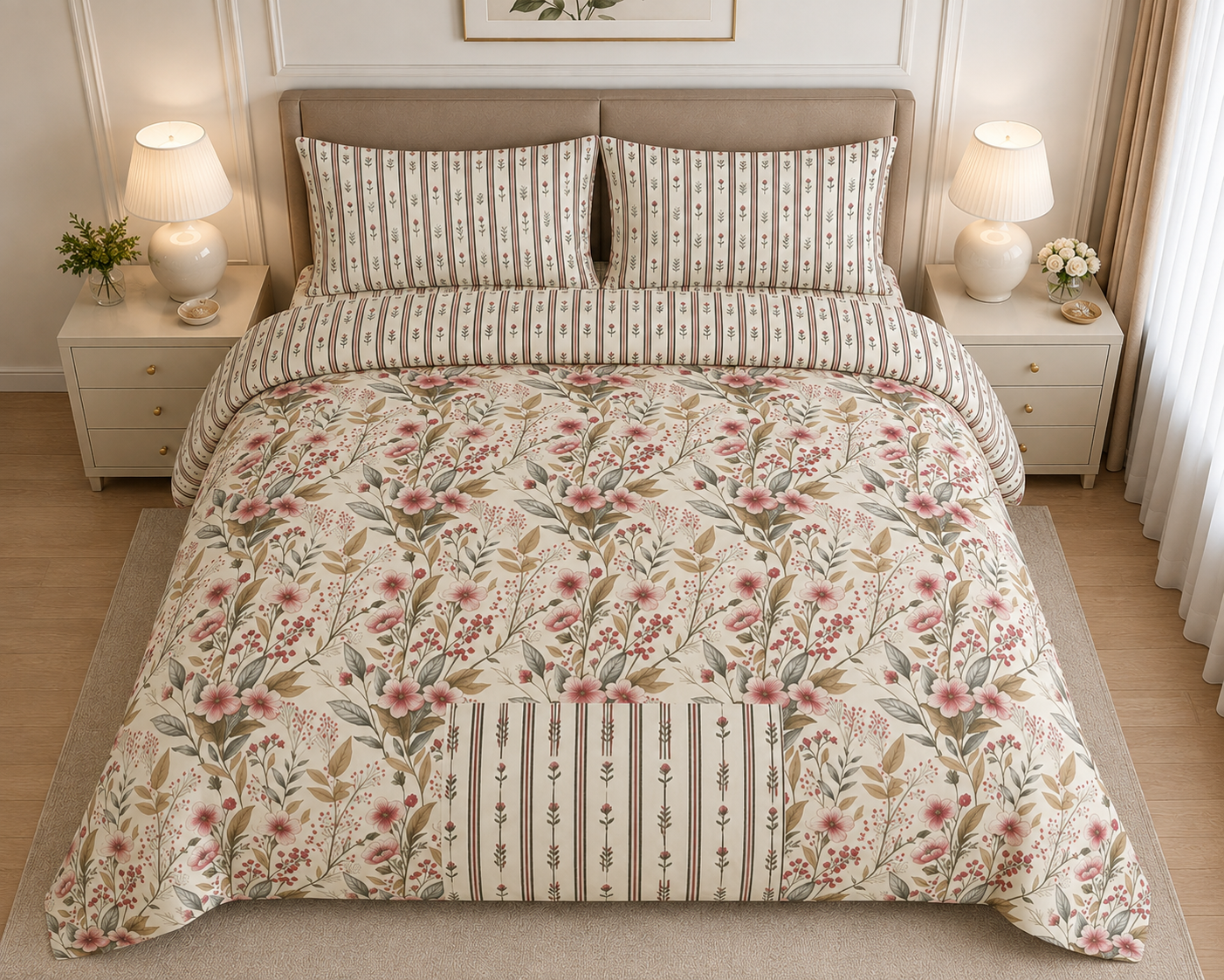 Pastel Lime Floral Cotton Printed Bed Sheet Set