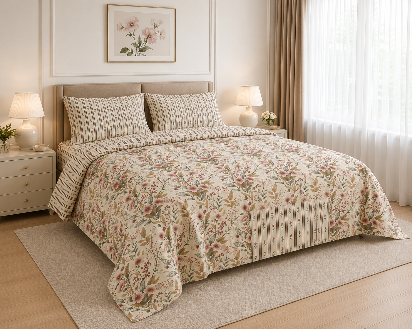 Pastel Lime Floral Cotton Printed Bed Sheet Set