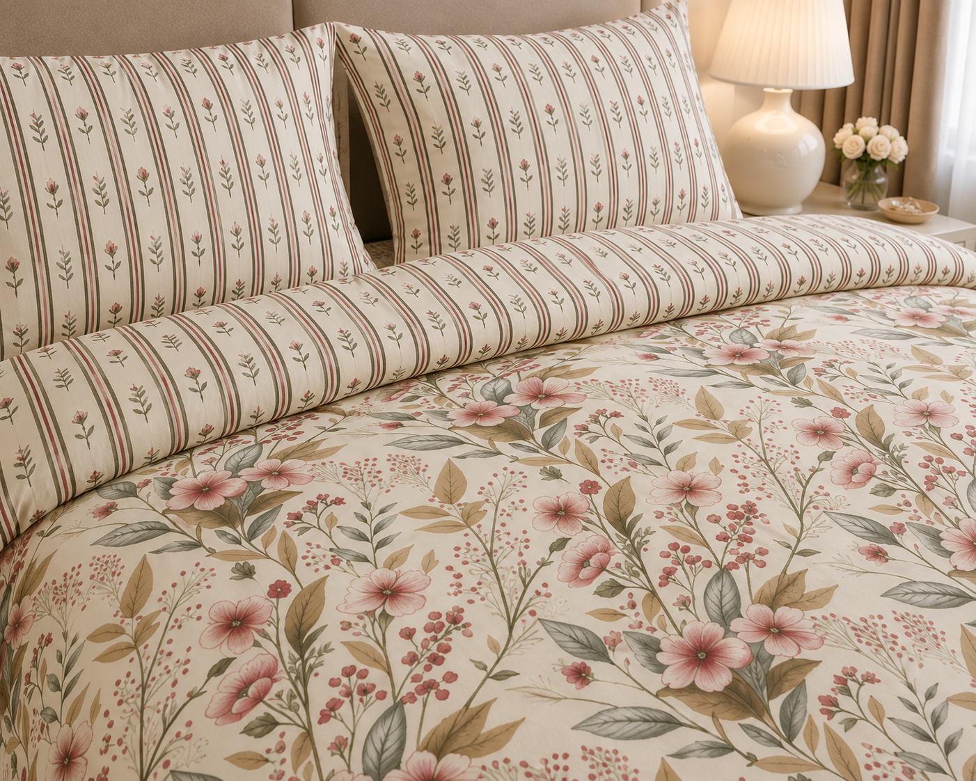 Pastel Lime Floral Cotton Printed Bed Sheet Set