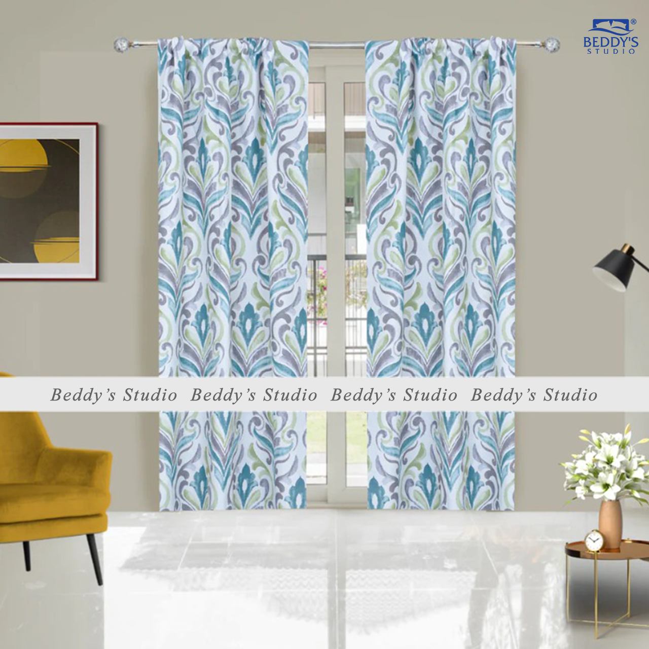 Set of 2 Printed Blue Window Curtain Panels