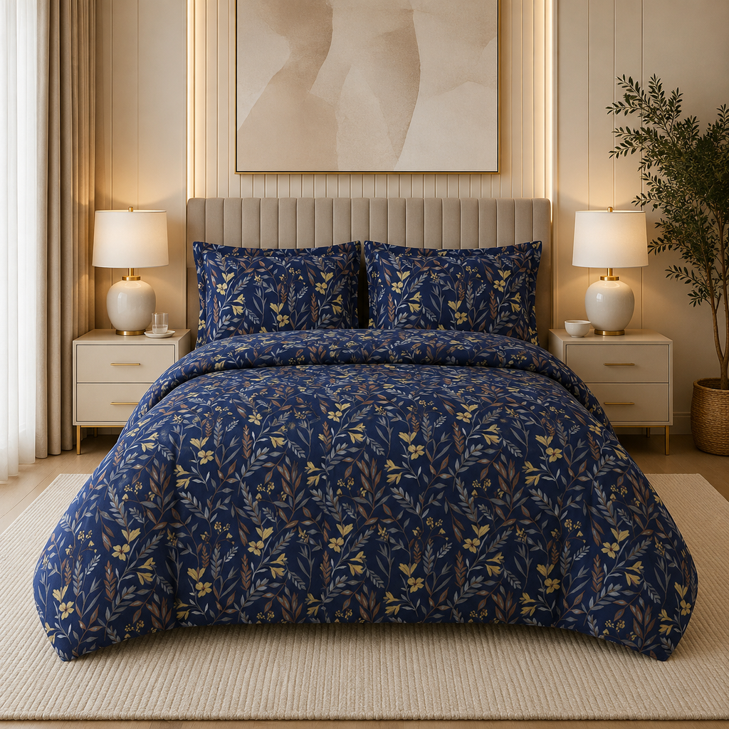 Midnight Blue Botanical Percale Cotton Printed Quilt Cover Set