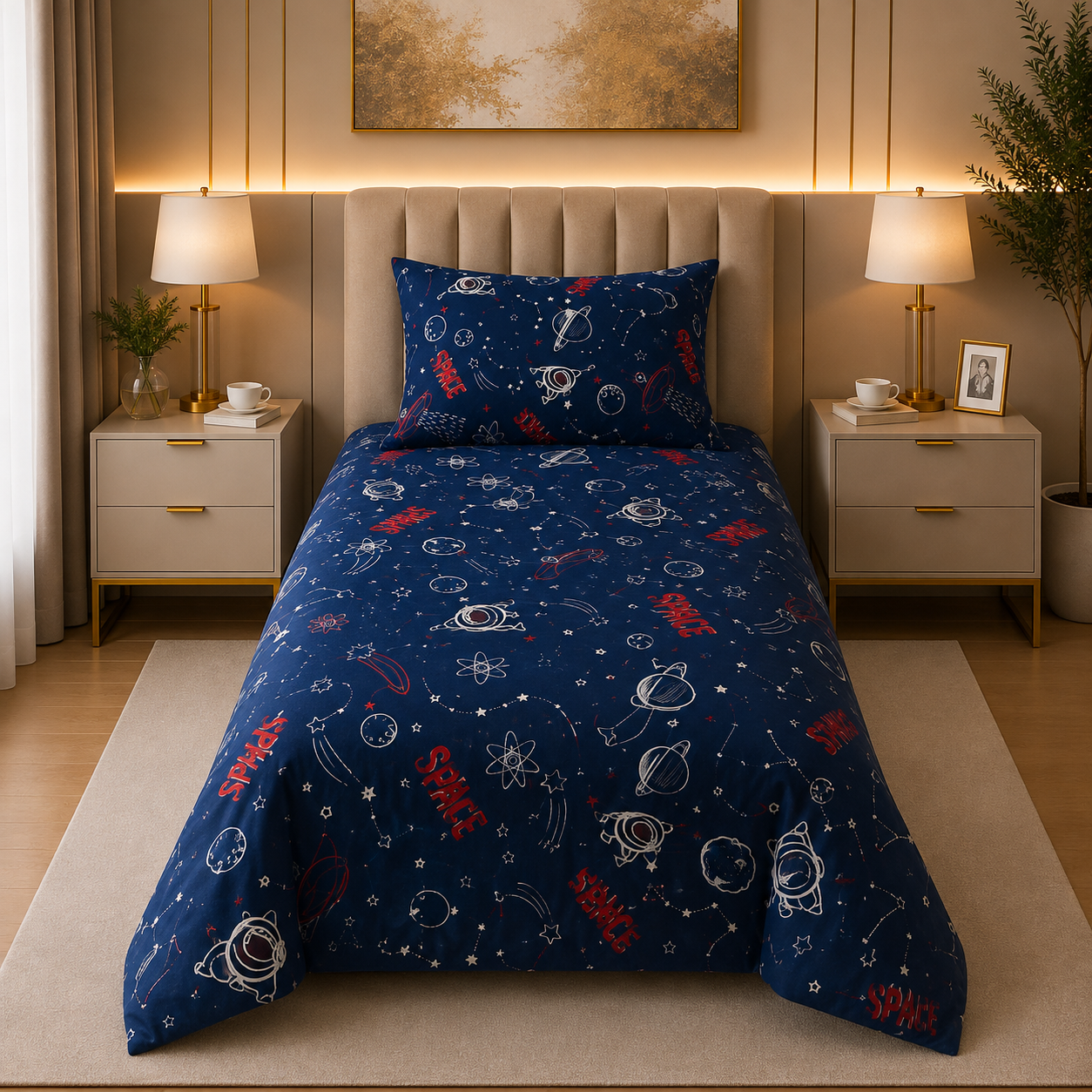 Printed Kids Deep Muted Blue Quilt Cover Set