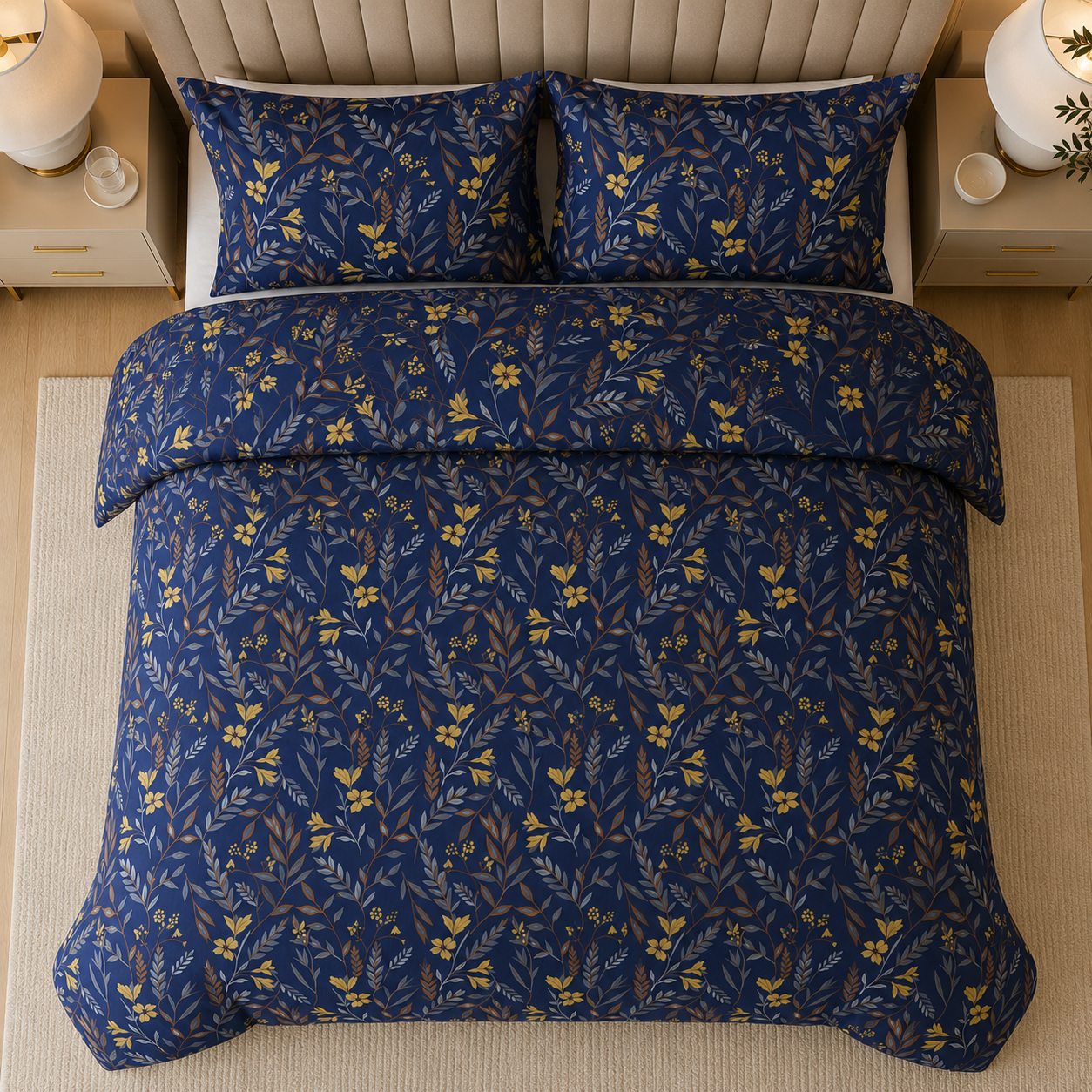 Midnight Blue Botanical Percale Cotton Printed Quilt Cover Set
