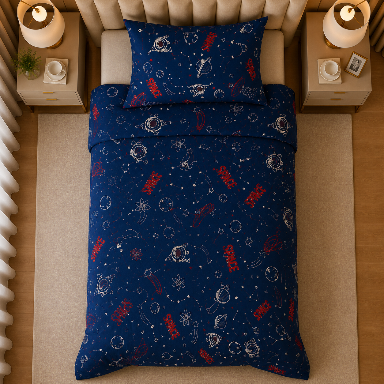Printed Kids Deep Muted Blue Quilt Cover Set