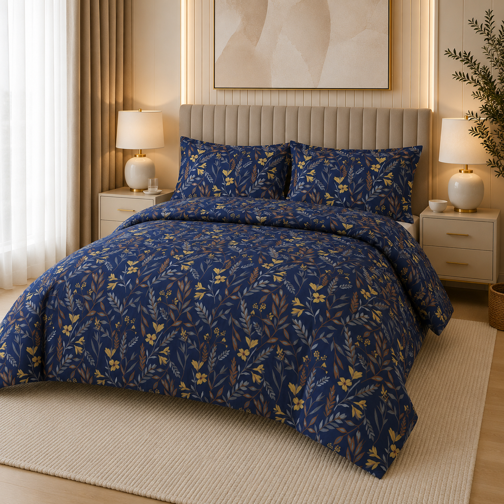 Midnight Blue Botanical Percale Cotton Printed Quilt Cover Set