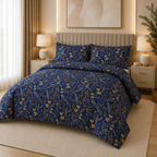 Midnight Blue Botanical Percale Cotton Printed Quilt Cover Set