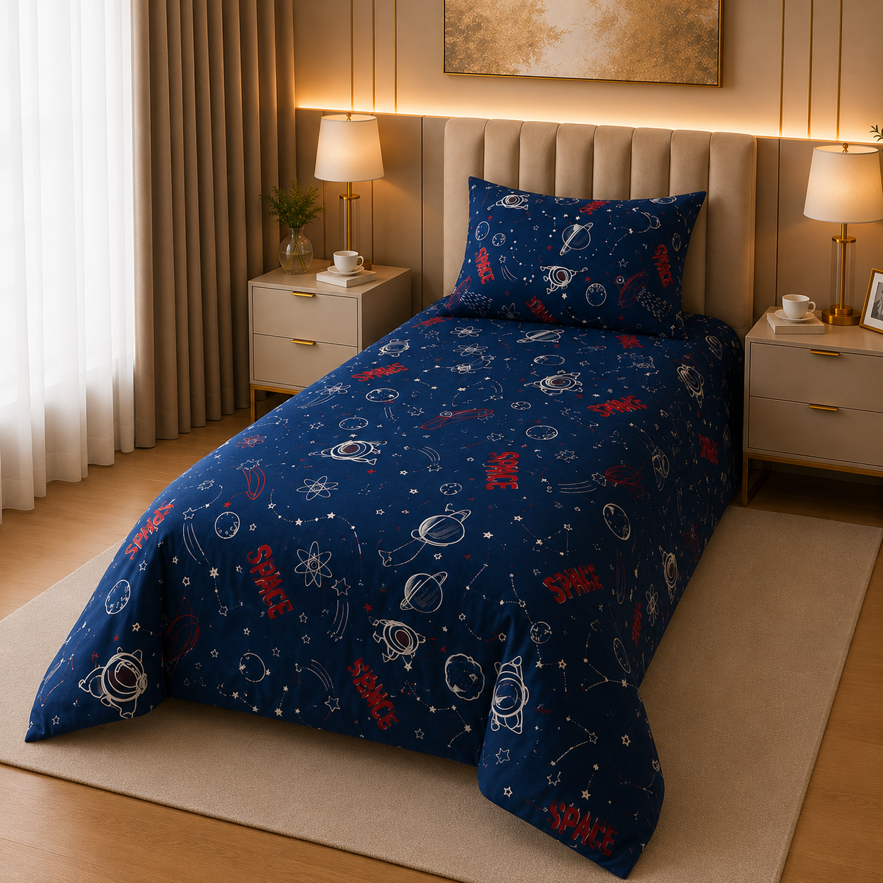 Printed Kids Deep Muted Blue Quilt Cover Set