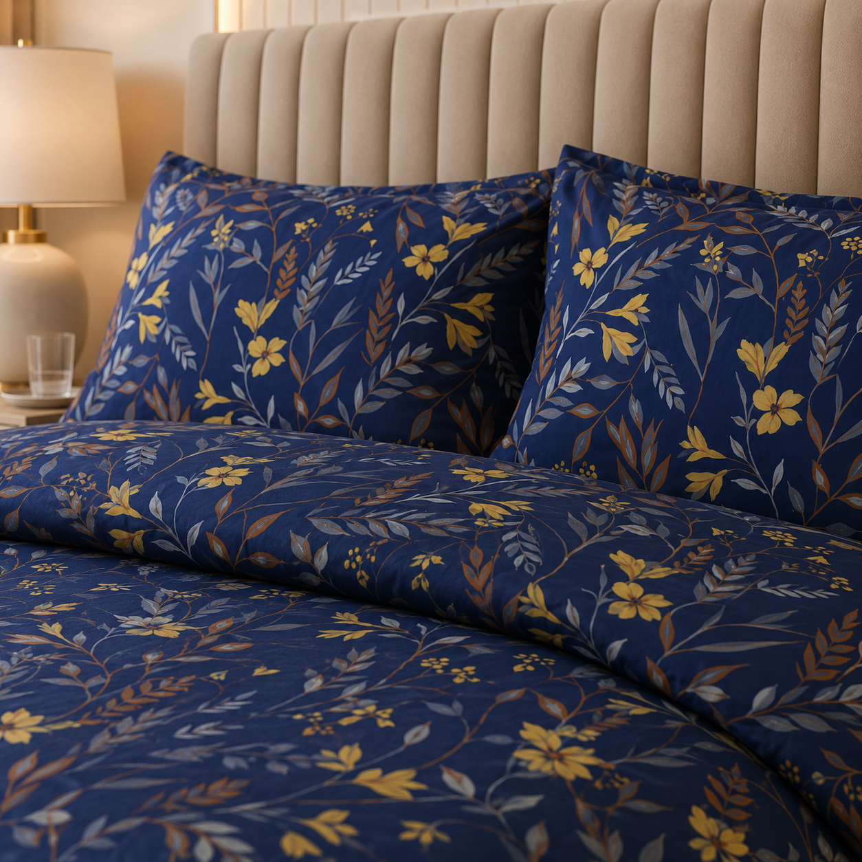 Midnight Blue Botanical Percale Cotton Printed Quilt Cover Set