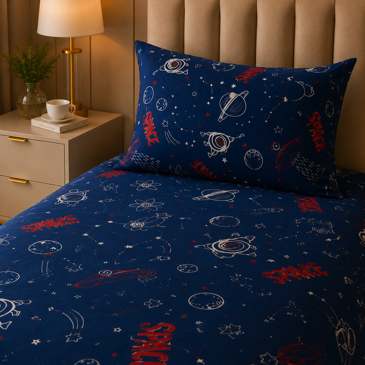 Printed Kids Deep Muted Blue Quilt Cover Set