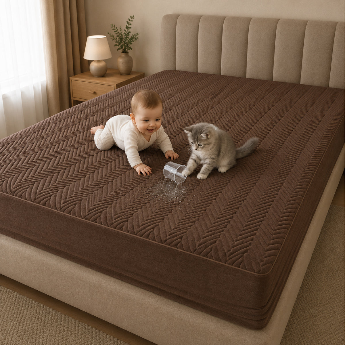 Jacquard Waterproof Mattress Protect - Light Brown