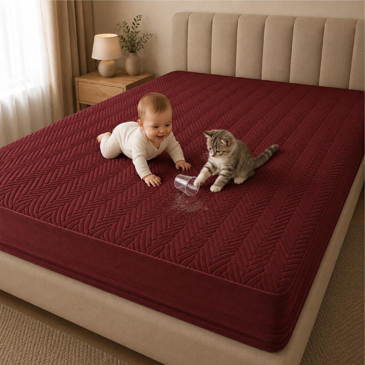 Jacquard Waterproof Mattress Protect - Maroon