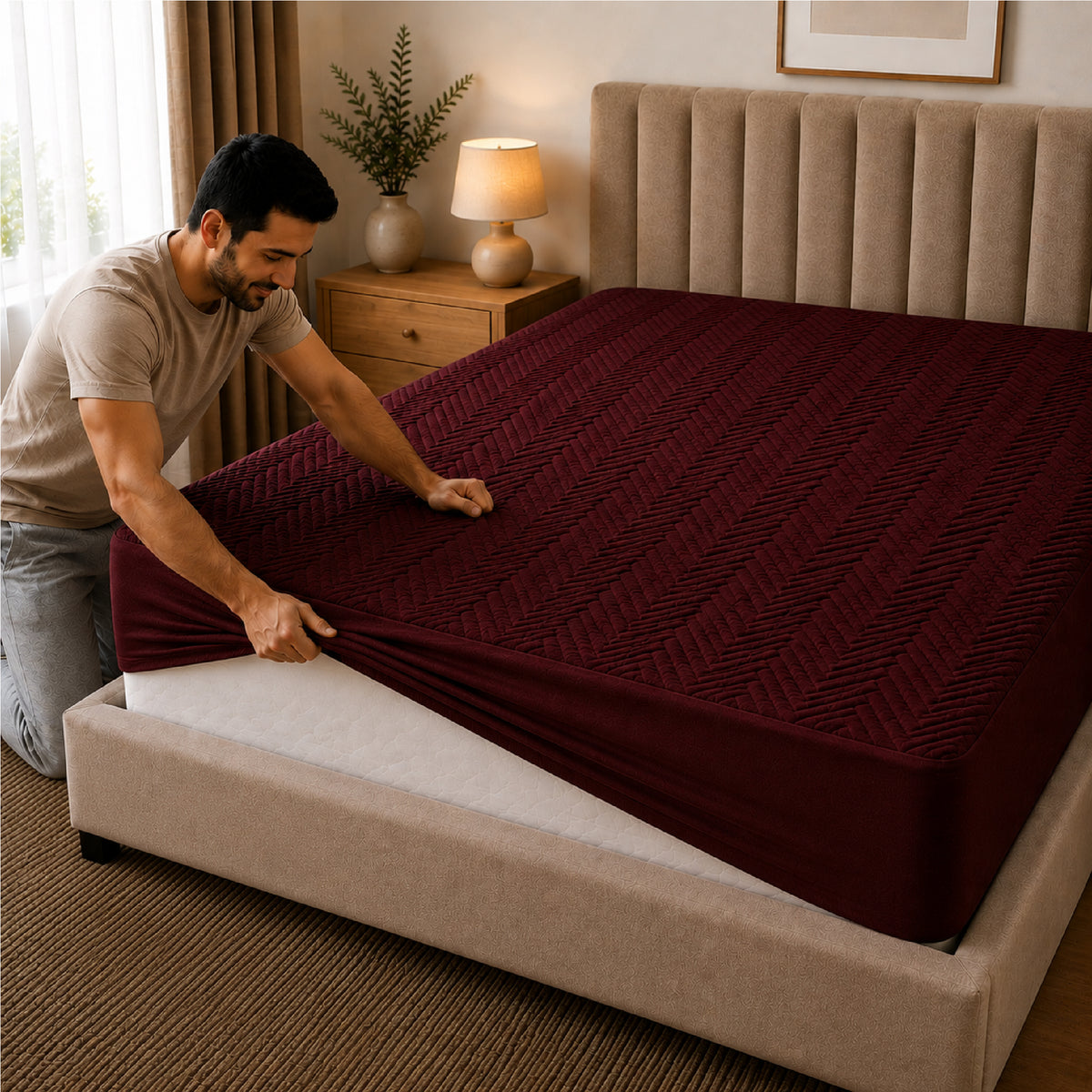 Jacquard Waterproof Mattress Protect - Maroon