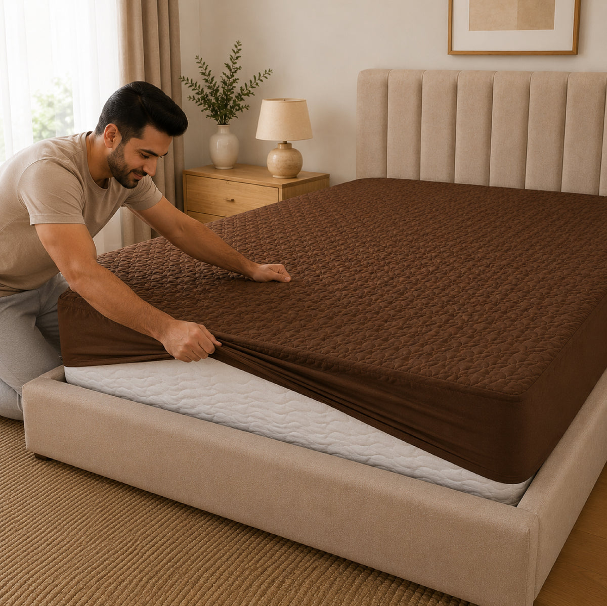 Quilted Waterproof Mattress Protect - Light Brown